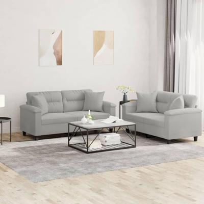 2-delige Loungeset met kussens microvezelstof lichtgrijs - thumbnail