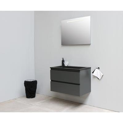 On-Line Badkamermeubelset - 80 cm - Voorgemonteerd - Ladestructuur - Acryl Wastafel - zonder Kraangat - Spiegel met LED-Verlichting - Mat Antraciet