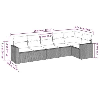 6-delige Loungeset met kussens poly rattan grijs