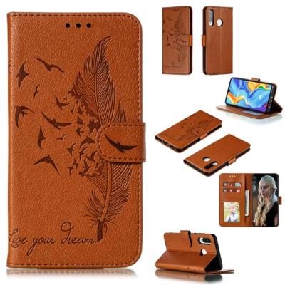 Feather patroon Litchi textuur horizontale Flip lederen draagtas met portemonnee & houder & kaartsleuven voor Huawei P30 Lite (bruin)