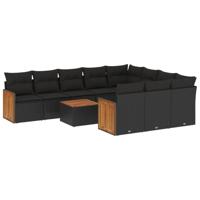 11-delige Loungeset met kussens poly rattan zwart - thumbnail