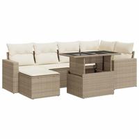 7-delige Loungeset met kussens poly rattan beige - thumbnail