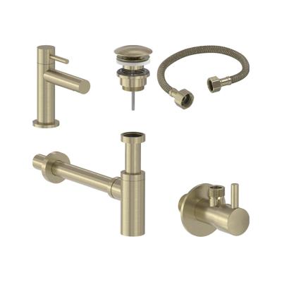 Fonteinkraan Combiset+ MAY Stilo S Model Fonteinkraan, Designplug Always Open, Designsifon & Hoekstopkraan Geborsteld Mat Goud PVD