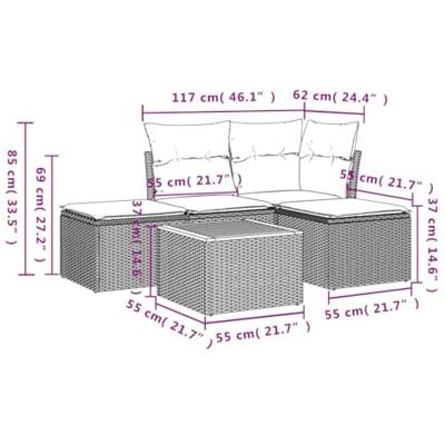 5-delige Loungeset met kussens poly rattan beige