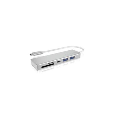 ICY BOX 3-voudige USB-C hub en kaartlezer voor SD en microSD, 3x USB 3.0, USB 3.0-aansluiting, aluminium, geïntegreerde kabel, zilver/wit