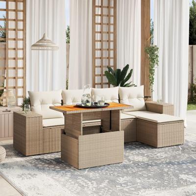 6-delige Loungeset met kussens poly rattan beige