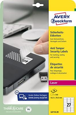 Avery-Zweckform L6114-20 Veiligheidsetiketten 63.5 x 29.6 mm Polyester folie Wit 480 stuk(s) Permanent hechtend Laser (zwart/wit), Kopiëren (zwart/wit), Avery-Zweckform L6114-20 Veiligheidsetiketten 63.5 x 29.6 mm Polyester folie Wit 480 stuk(s) Permanent hechtend Laser (zwart/wit), Kopiëren (zwart/wit),