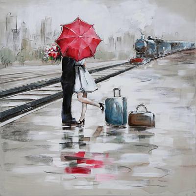 Schilderij -Handgeschilderd - Op het station - Multikleur - 100x100cm