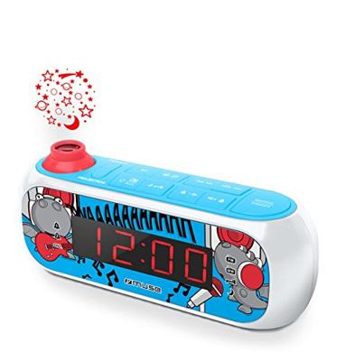 Muse M-167 KDB Kinderwekker met digitale FM-radio en sterrenprojectie (2 wektijden, display met dimmer, AUX-In) blauw/wit met grappige stripmotieven