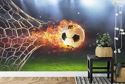 Fotobehang - Voetbal in vlammen, Doelpunt, Kinderkamer, te koop in 11 maten, incl behanglijm - thumbnail