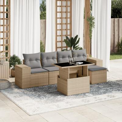 6-delige Loungeset met kussens poly rattan beige