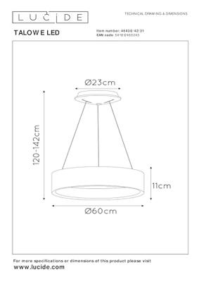 Lucide TALOWE LED - Hanglamp - Ø 60 cm - LED Dimb. - 1x39W 3000K - Wit