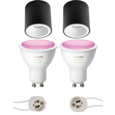 Pragmi Cliron Pro - Opbouw Rond - Mat Zwart/Wit - Verdiept - Ø90mm - Philips Hue - Opbouwspot Set GU10 - White and Color Ambiance - Bluetooth