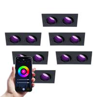 Set van 6 Mallorca - LED inbouwspot - IP20 - Kantelbaar - 11 Watt 690 Lumen - Wifi + Bluetooth - RGBWW - Dubbel - GU10 - Google Home, Amazon Alexa en Siri - Rechthoek - Voor binnen - Zwart - thumbnail