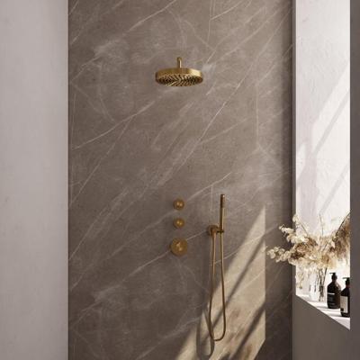 Brauer Stripe thermostatische inbouw regendouche SET 02 met 25 cm douchekop en gebogen muurarm en staaf handdouche en doucheslang en wandaansluitbocht goud geborsteld PVD