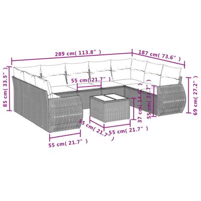 10-delige Loungeset met kussens poly rattan zwart