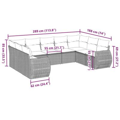 9-delige Loungeset met kussens poly rattan lichtgrijs