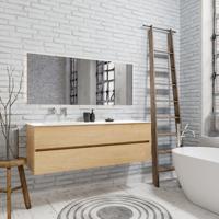 Zaro Valencia Solid Surface badmeubel 150cm licht eiken zonder kraangat spoelbak links met 2 lades - thumbnail