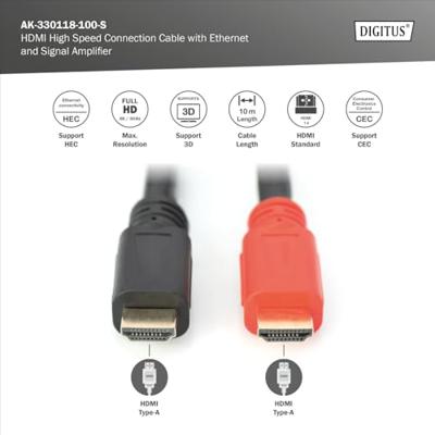 Digitus AK-330118-100-S HDMI-kabel HDMI Aansluitkabel HDMI-A-stekker, HDMI-A-stekker 10.00 m Zwart 4K UHD, Audio Return Channel (ARC), Vergulde steekcontacten