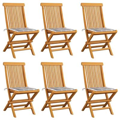 Tuinstoelen 6 st met grijs geruite kussens massief teakhout