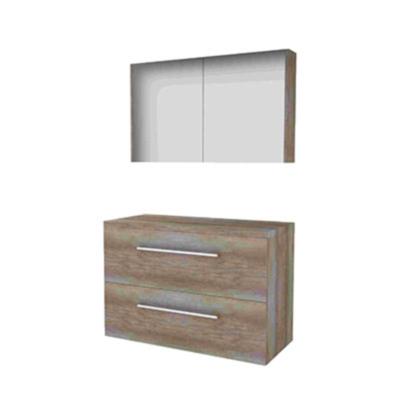 Basic-Line Comfort 46 Badkamermeubelset - 100 x 46 cm - Met Grepen - 2 Lades - Wastafelblad - Spiegelkast - Scotch Oak