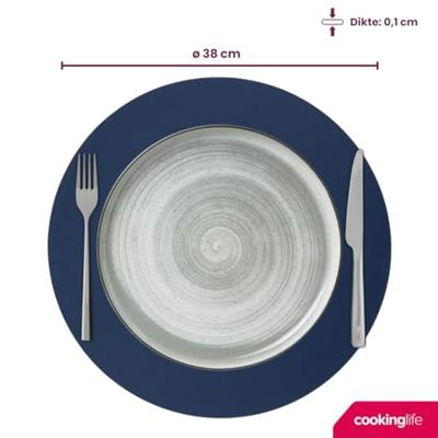 Cookinglife 6 Placemats + 6 Onderzetters - Dubbelzijdig - Rond - Vegan leer - Blauw / Grijs
