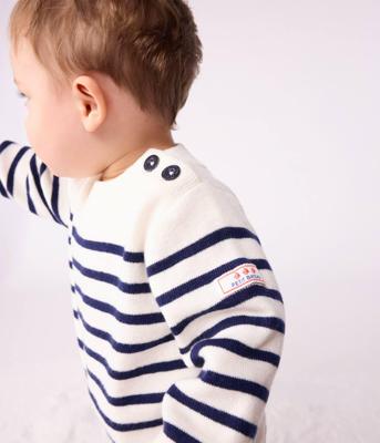 Gestreept baby trui van PETIT BATEAU in wol en katoen. ecru