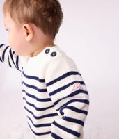Gestreept baby trui van PETIT BATEAU in wol en katoen. ecru - thumbnail