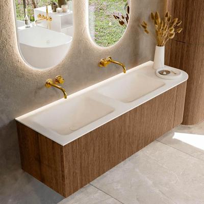 Mondiaz KURVE 145 cm Onderkast Greeploos 1 Lade Met Deuren Walnut, Wastafel Solid Surface Links Talc 0 Kraangaten Zonder Spiegel (KRVCLO145R1L1D0KD-Wal/Tal)