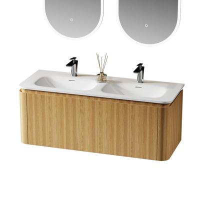 Saniclass Terra Wastafelonderkast - 120cm - 2 lades - wastafel solid surface - 1 wasbakken - 2 kraangaten - afgeronde hoeken - sandwood (Licht eiken) SW1174101/SW1418387