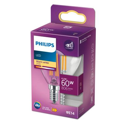 Philips LED kogel E14 6,5-60W 2700K filament helder blister - 5101531 Philips LED kogel E14 6,5-60W 2700K filament helder blister - 5101531