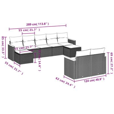 9-delige Loungeset met kussens poly rattan grijs