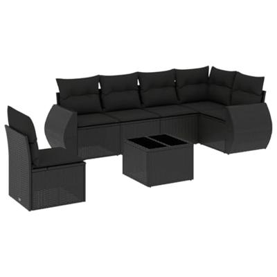 7-delige Loungeset met kussens poly rattan zwart