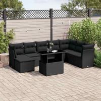 9-delige Loungeset met kussens poly rattan zwart - thumbnail