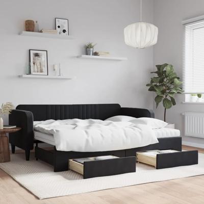 Slaapbank met onderschuifbed en lades 100x200 cm fluweel zwart - thumbnail