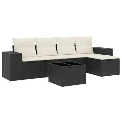 6-delige Loungeset met kussens poly rattan zwart