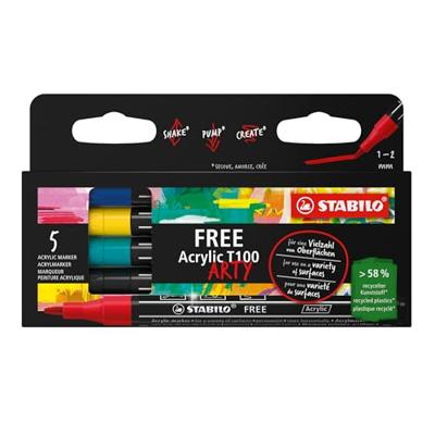 STABILO free acrylmarker T100 Royal, ronde punt, 1-2 mm, geassorteerde kleuren, pak van 5 stuks