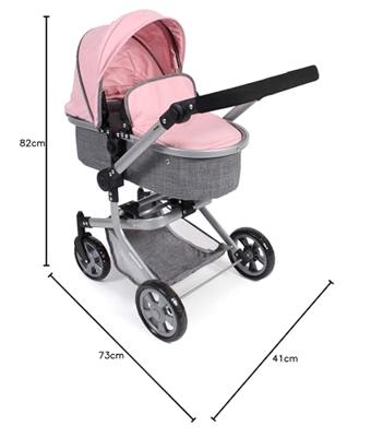 Combi-poppenwagen Mika - Melange Grijs Roze Combi-poppenwagen Mika - Melange Grijs Roze