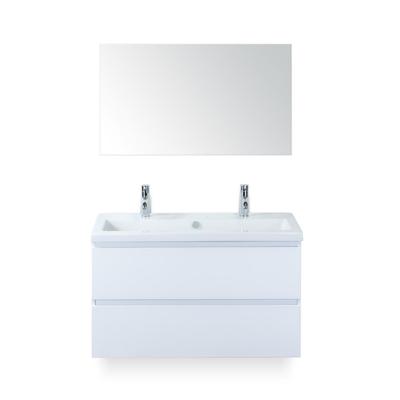 Vogue Badmeubelset 100 cm - Greeplijst in kleur - Wit Hoogglans - Keramische Wastafel Wit 2 kraangaten - met Spiegel