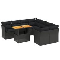 9-delige Loungeset met kussens poly rattan zwart - thumbnail