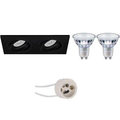GU10 Inbouwspot Set - Mat Zwart - Inbouw Rechthoek Dubbel - Kantelbaar - Philips - MASTER 927 36D VLE - DimTone Dimbaar - Pragmi Borny Pro - 4.9W - Warm Wit 2200K-2700K - 175x92mm