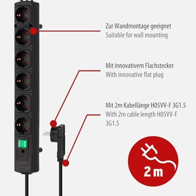 Brennenstuhl Comfort-Line Plus stekkerdoos met platte stekker 6-voudig zwart 2m H05VV-F 3G1,5 - 1153300100
