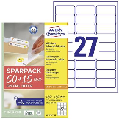 Avery-Zweckform L4737REV-65 Universele etiketten 63.5 x 29.6 mm Papier Wit 65 vellen Weer verwijderbaar Inkjet, Laser (zwart/wit), Laser (kleur), Kopiëren Avery-Zweckform L4737REV-65 Universele etiketten 63.5 x 29.6 mm Papier Wit 65 vellen Weer verwijderbaar Inkjet, Laser (zwart/wit), Laser (kleur), Kopiëren