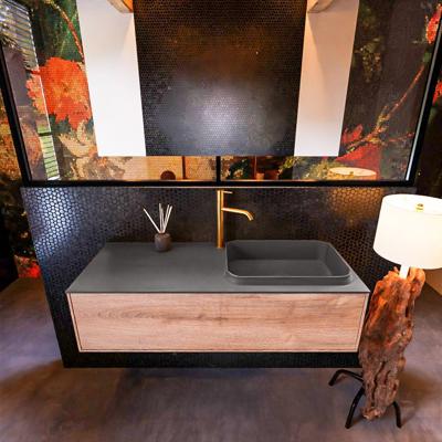 Badkamermeubelset Mondiaz Erin 120 cm met 1 Lade met RIDGE Wastafel Rechts Dark grey met 1 kraangat Greeploos Mat Washed Oak
