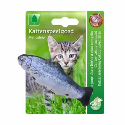 Kattenspeelgoed op kaart vis met catnip blauw/grijs, 11 cm.