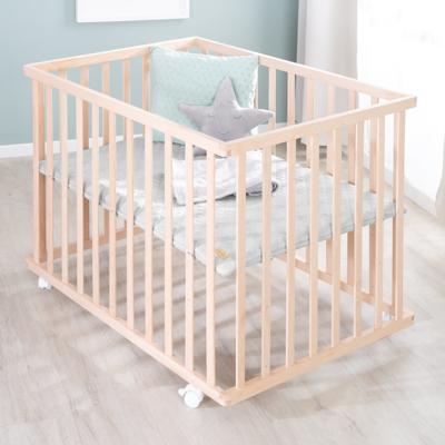 Box per bambini - ROBA - 75 x 100 cm - Materassino grigio 'Roba Style' incluso - Ruote - Legno naturale