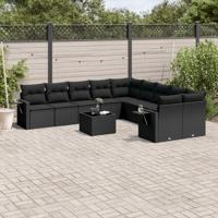 10-delige Loungeset met kussens poly rattan zwart - thumbnail
