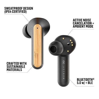 House of Marley Redemption ANC Oortelefoons – Active Noise Cancelling, Volledig Draadloos Bluetooth Oortjes, Zweetbestendige Oordopjes, 28 Uur Speeltijd, USB-C Snel Lader, Ecologisch Bamboe - Zwart