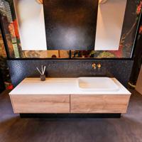 Badkamermeubelset Mondiaz Erin 150 cm met 2 Lades met RIDGE Wastafel Rechts Talc Zonder Kraangaten Greeploos Mat Washed Oak - thumbnail