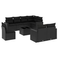 9-delige Loungeset met kussens poly rattan zwart - thumbnail